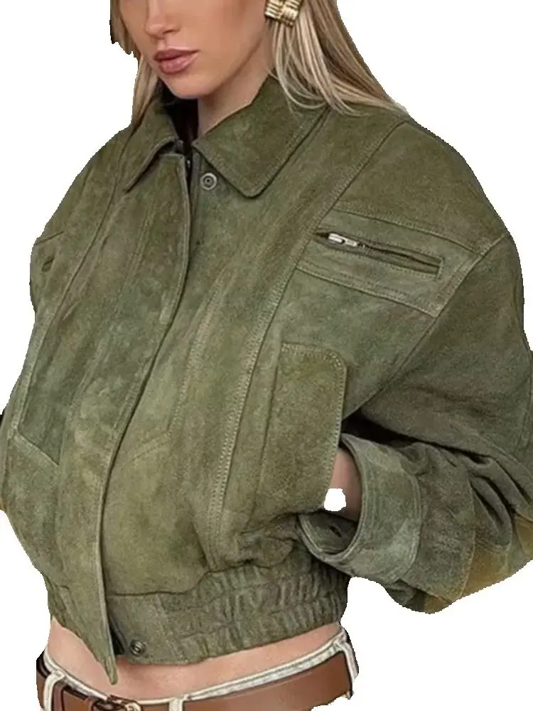 

2025 Women's American Retro Loose Army Green Faux Leather Suede Bomber Jackets Lady Chic Trendy Cool Motor Biker Baseball Coats