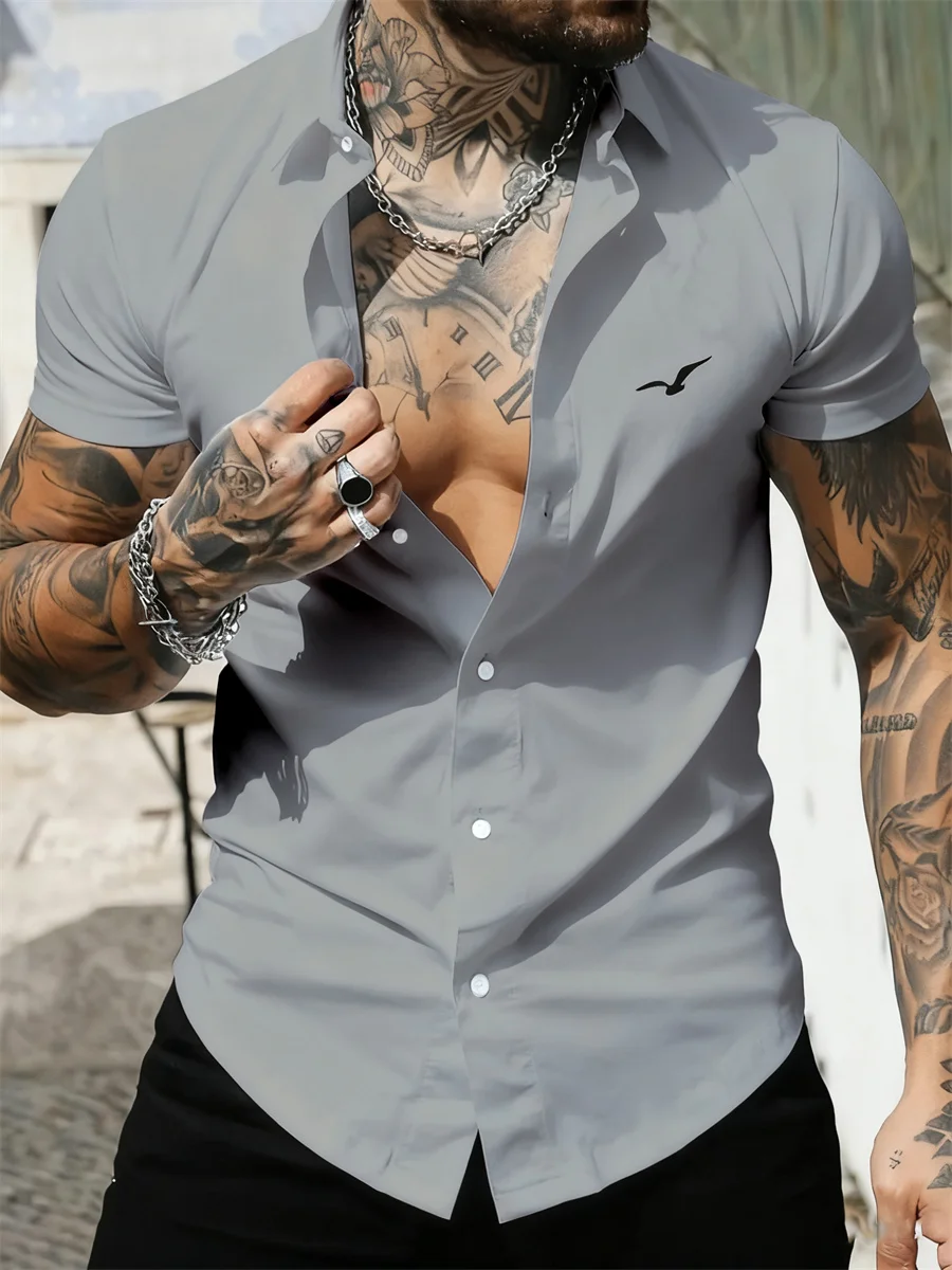 قميص رجالي بأكمام قصيرة مع طباعة النورس ثلاثية الأبعاد، نمط عطلة غير رسمي، قميص هاواي، قميص رجالي بلون موحد، مقاسات S-6XL. #6
