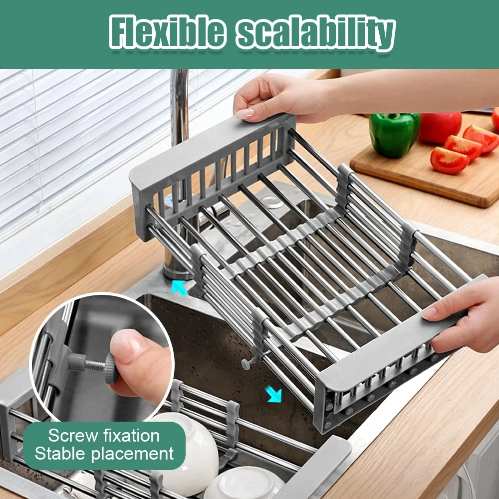 Kitchen Dish Drying Rack Stainless Steel Adjustable Drainer Rack Fruits Vegetable Kitchen Organizer Sink Cleaning Basket Tool