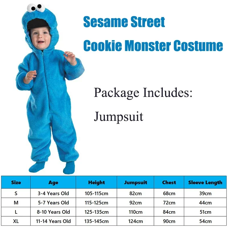 Anime Sesame Boy's Deluxe Cookie Monster Jumpsuit, Blue Plush Jumpsuit, Street Cookie, Toddler, Halloween, Carnival Party Costume, Childer