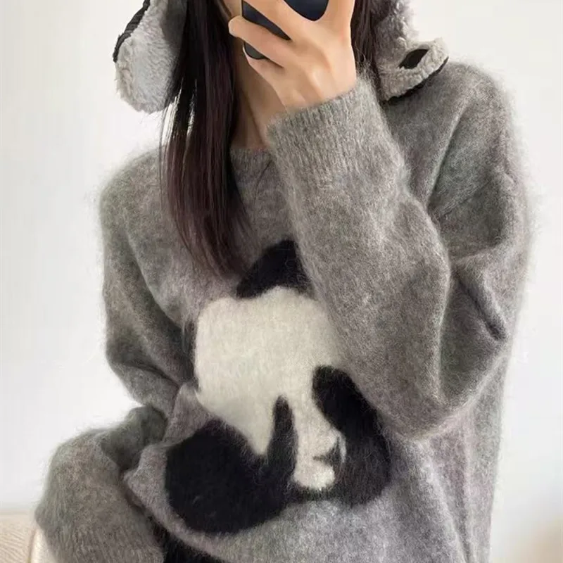 

Women's Cashmere Fluffing Knit Round Neck Sweater 2025 Autumn/Winter New O-Neck Pullover Panda Jacquard Loose Tops For Female
