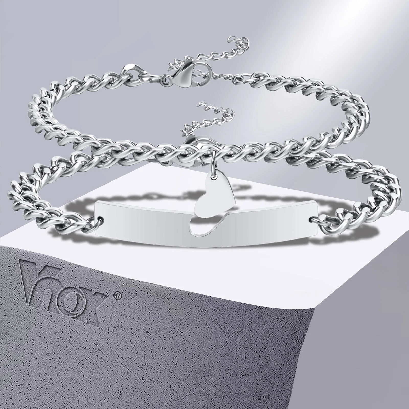 

Vnox Couple Bracelets for Women Men, Never Fade Stainless Steel Cuban Chain with Heart Charm Bracelet, Love Gift