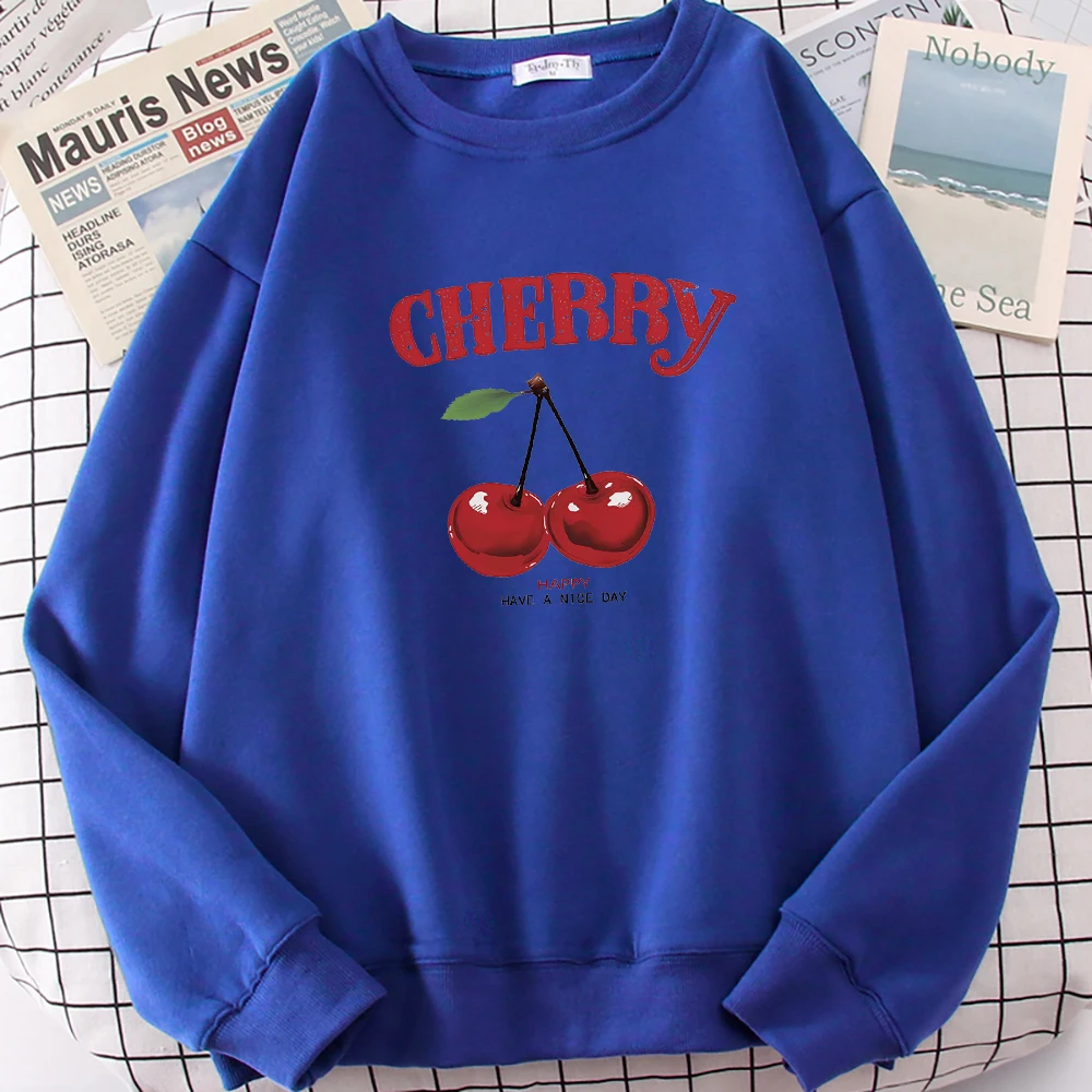 Cherries Graphic Happy Have A Nice Day Print Sweatshirt Women Fleece Comfortable Pullovers Fashion Crewneck Top Loose Clothes