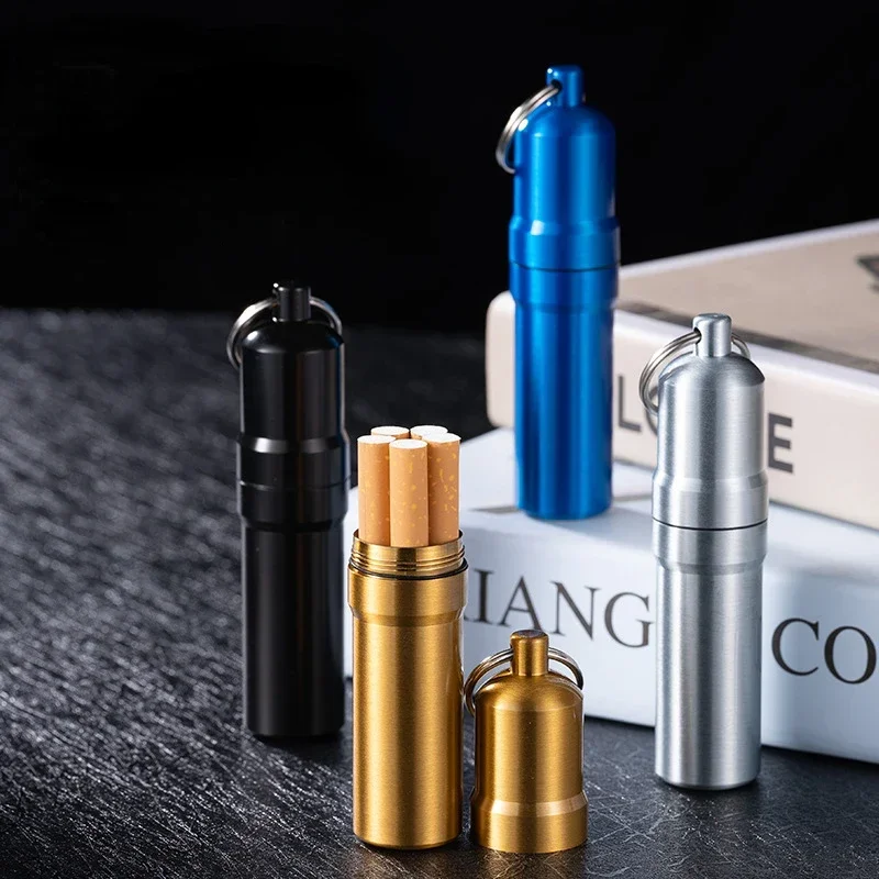 1pc liga de zinco caixa de cigarro portátil mini caixa de cigarro de metal à prova dwaterproof água com chaveiro tira cor pílula caso presente para o homem