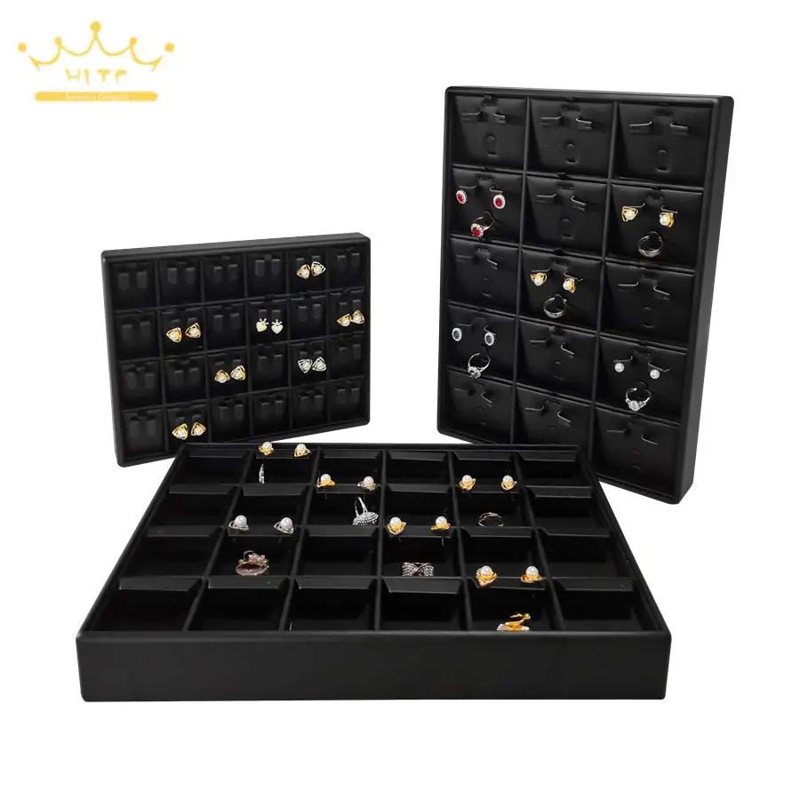 Jewelry Exhibitor Ear Studs Rings Storage Case High Quality Black Leather Tray Large Capacity Earrings Display Organizer