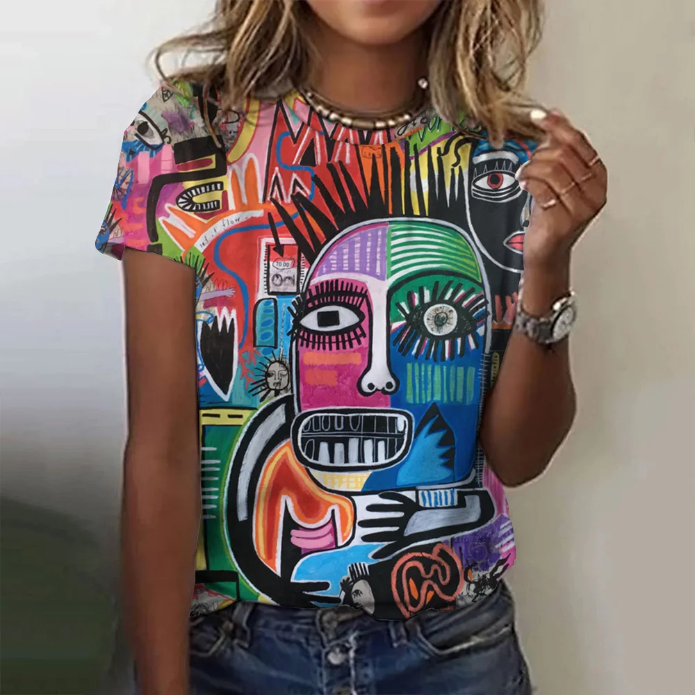 Camiseta con estampado 3d para mujer, Top Harajuku colorido con personalidad, manga corta, ropa de gran tamaño