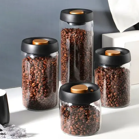 Bilashmart Vacuum Sealed Tank Coffee Beans Storage Glass Bottle Transparent Food Storage Jar Moisture-proof Extract Air Airtight Container