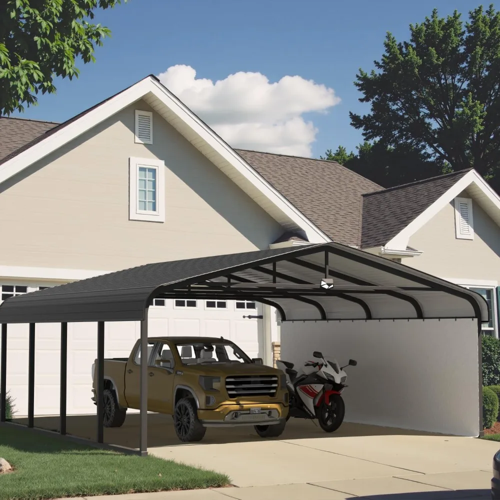 

20x20 Metal Carport, Galvanized Steel Roof Carport with Removable Polyethylene Sidewalls