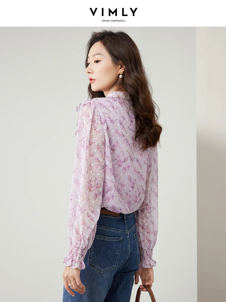 Vimly 2023 Autumn Ruffle Floral Chiffon Blouses for Women Fashion Lace Stand Collar Long Sleeve Top Loose Shirts & Blouses M2876