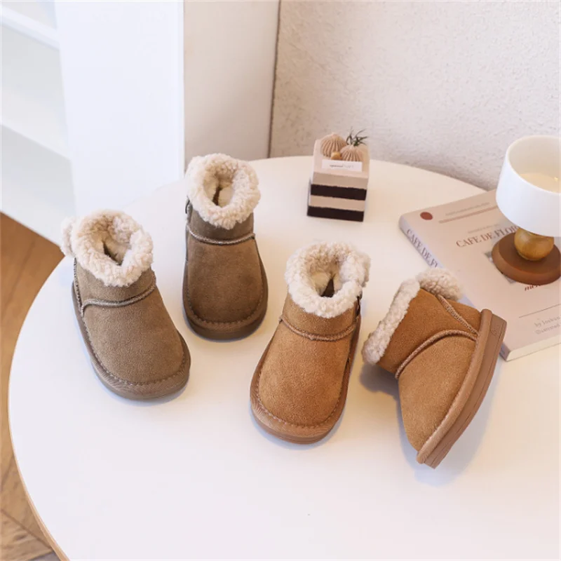 

Winter Children Snow Boots Cute Butterfly-knot Genuine Leather Warm Plush Kids Boots Non-slip Fashion Girls Shoes