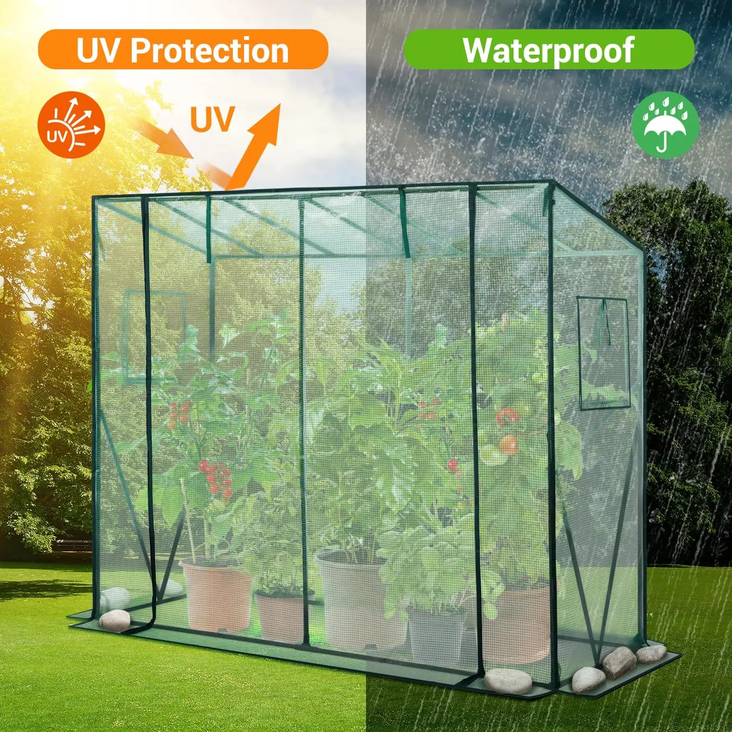 Lean to Greenhouse for Outdoors: Ohuhu Portable Tomato Green House Heavy Duty with Roll-Up Zippered Door, Tall Plastic Greenhouses for Outside Winter Plants Growing Shed for Backyard, 6.6x2.5x5.6 FT