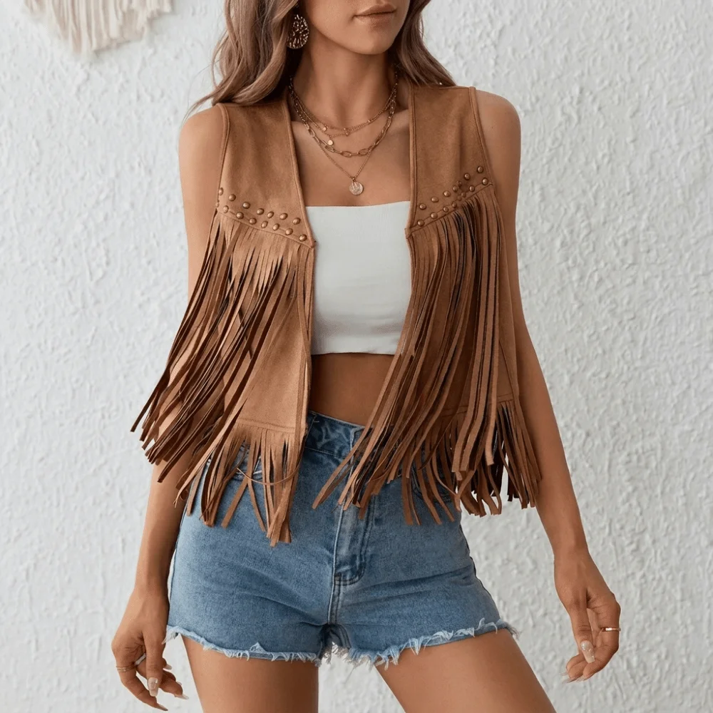 Fashionable Retro Fringed Vest Black/Brown Rivet Detailing Western Jacket Open Front Women's Vest for Women