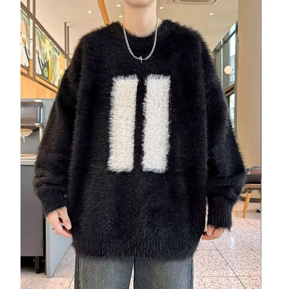 Suéter jacquard adolescente imitação de lã de vison, novo estilo para meninos no outono e inverno, base larga solta, malha