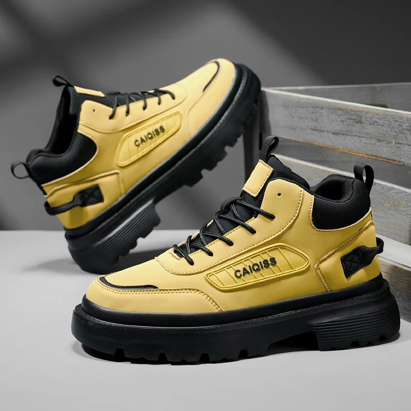 

British Style Yellow Boots Men Motorcycle Shoes Comfortable Leather Platform Boots Man Trend Lace-Up Casual Ankle Boots For Man