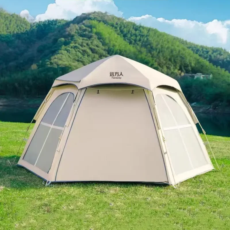 Hexagonal Camping Tent Instant Setup Portable Windproof Outdoor Travel Shelter Durable All-Weather Family Overnight Equipment