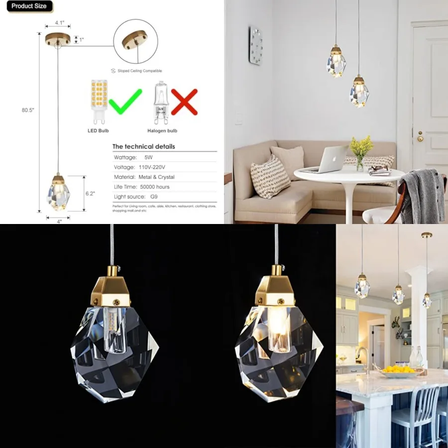 

1-Light Diamond Crystal Pendant Light, Mini Ceiling Hanging Light in Gold Brushed Finish Prism Crystal Color Changing Led Hangi
