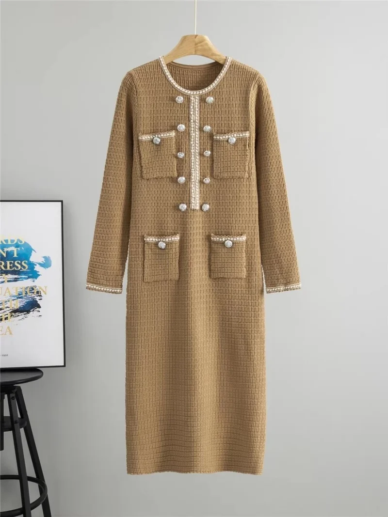 2026 Neues Damen-Strickkleid mit Schlankheits-Effekt, Langarm, Mittellang, mit Schlitz-Design, Frühling-Herbst, Lässiges Elegantes Kleid W2382