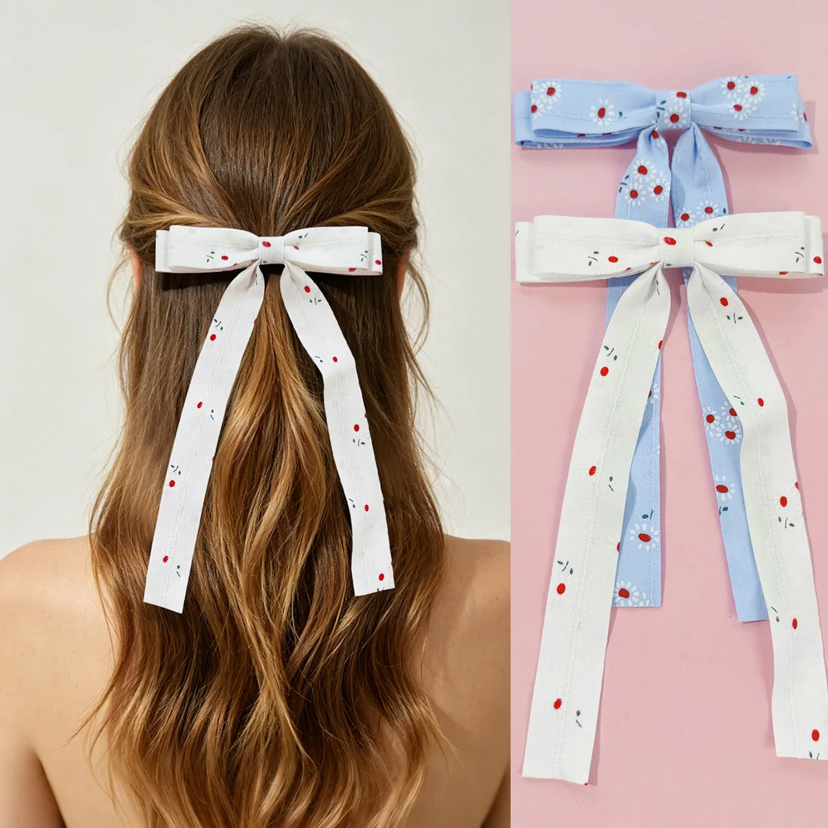 30個入り-チェリーフローラルプリントリボンボウヘアクリップ-女性と女の子向け-ロングタッセル付き-ダブルレイヤーボウヘアグリップ-まとめ買いヘアアクセサリー