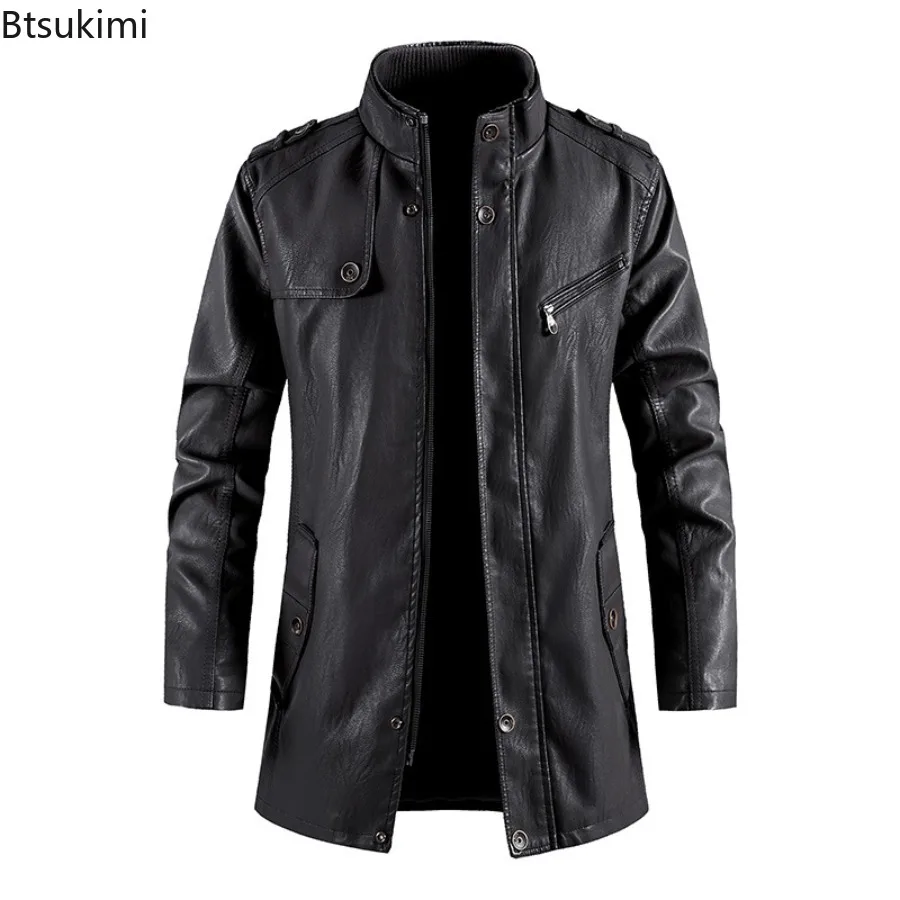 New Winter Long PU Leather Jackets Men Stand Collar Windbreaker Faux Outerwear Motorcycle Casual Warm Leather Coats Man Clothing