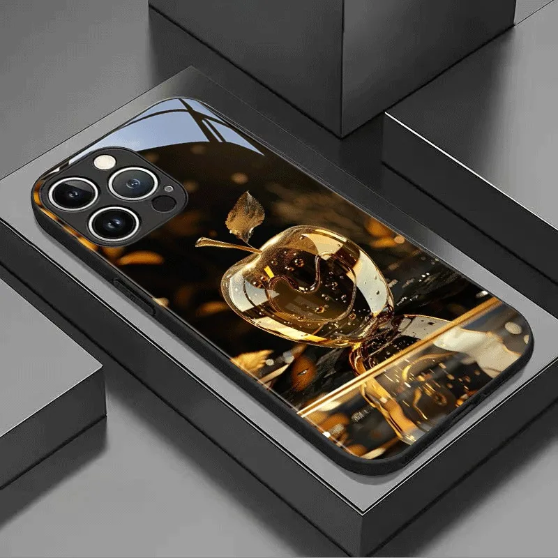 

Black Golden Crystal For Apple Pattern Glass Phone Case For iPhone 17 Pro Max 16 15 14 13 12 11 16E 17Air 7 8 Plus XR XS X Cover