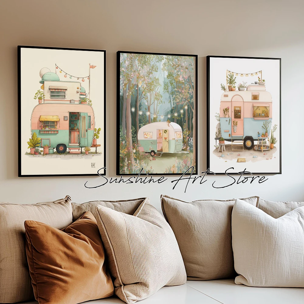 Classic Camper Van Print Vintage Road Trip Travel Poster Canvas Painting Vintage Camper Van Drawing Art Decor Wall Picture Decor