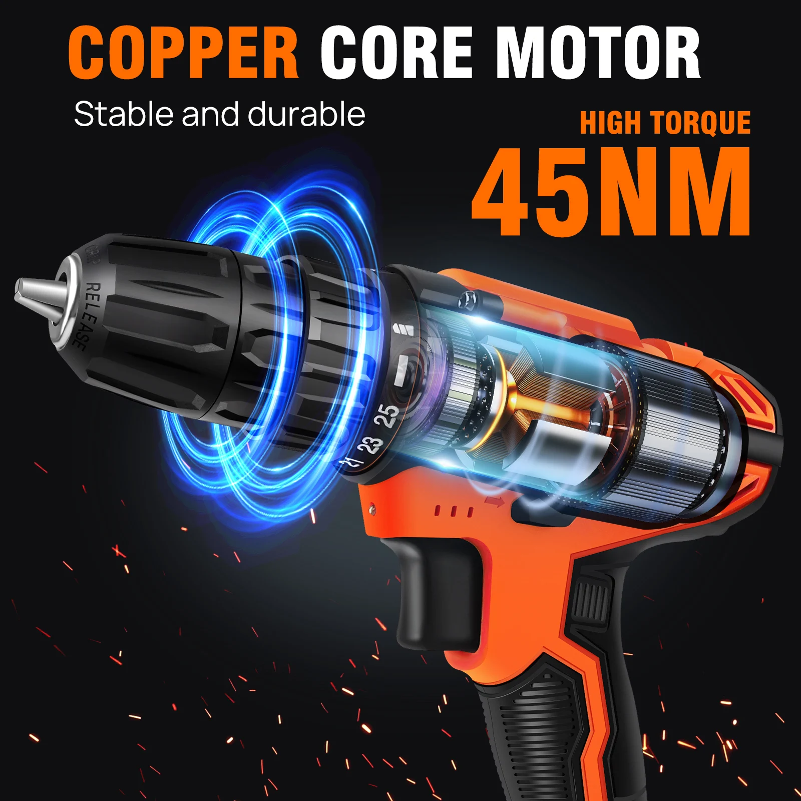 21v Cordless Power Drill Combi Driver Electric Screwdriver Tools Kit,2 Variable Speed 25+1 Torque Setting,29pcs Drill/Driver Bit