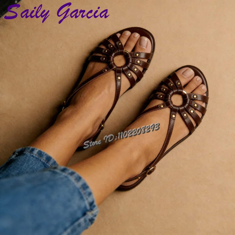 

Rivet Hollow Low-Heel Sandals Open-Toe Studded Buckle Strap Flat with Roman Sandals 2026 Summer New Casual Women Gladiator Shoes