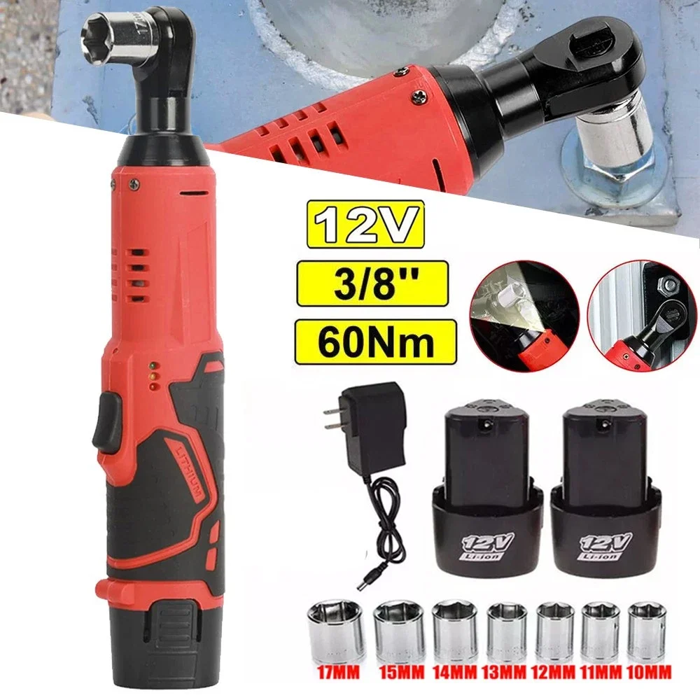 3/8'' Electric Cordless Ratchet Screwdriver Wrench Impact Power Tools Removal Screw Nut Car Repair Kits With 2 Battery 7 Socket