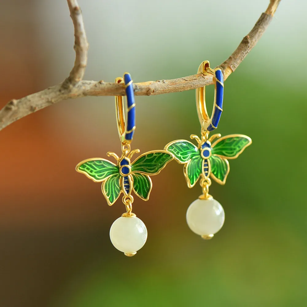 

GL Imperial Retro Hanfu Cheongsam Earrings - 925 Silver with Cold Enamel Butterfly and Hetian Jade Pendant, a Great Gift