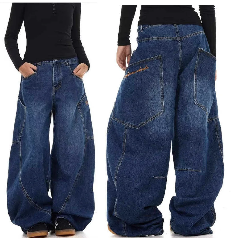 

American Style Letter Print Patchwork Wide Leg Jeans Loose Curved Knife Pants