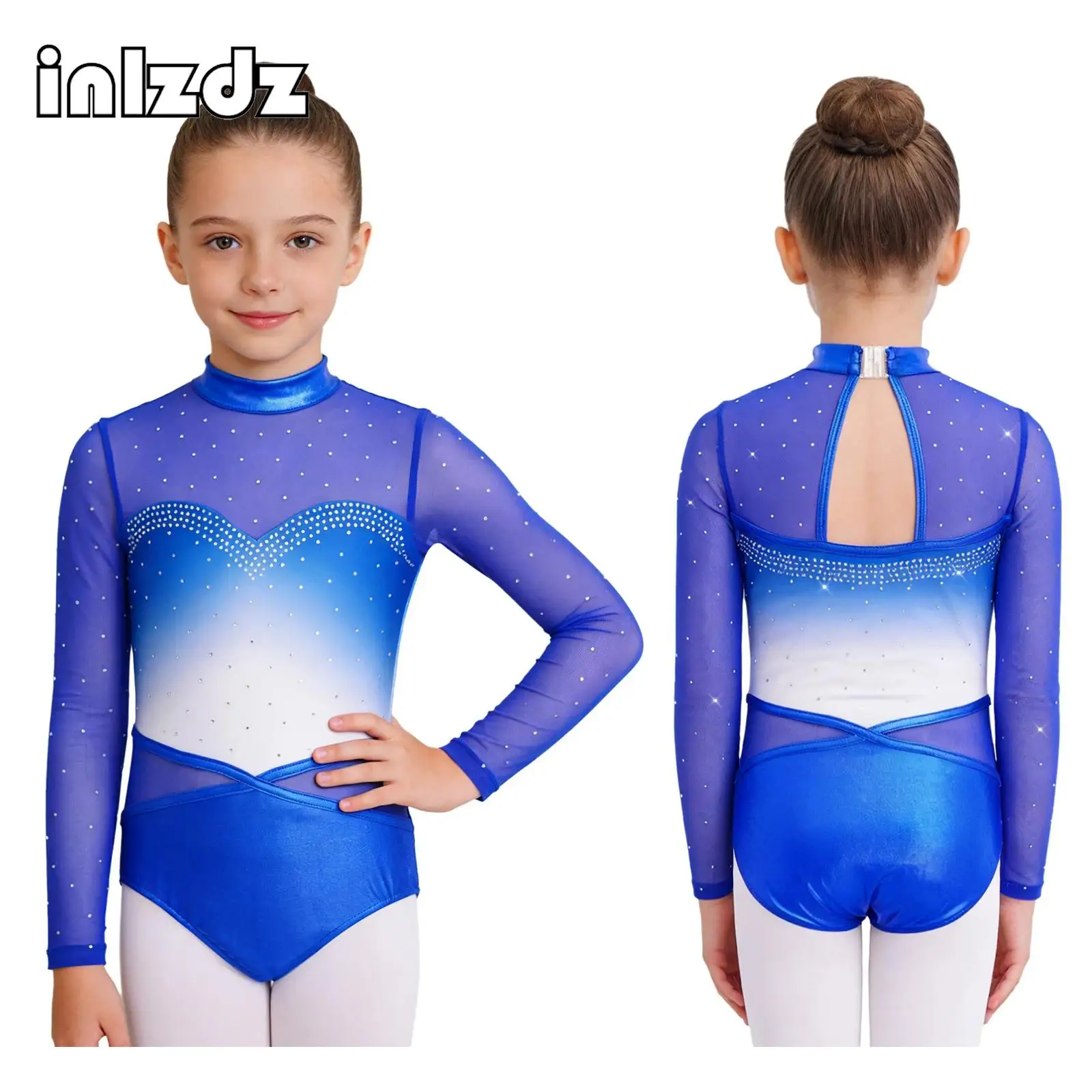 

Girls Gradient Color Gymnastics Ballet Jersey Leotard Kids Long Sleeve Rhinestones Mesh Bodysuit Performance Competition Costume
