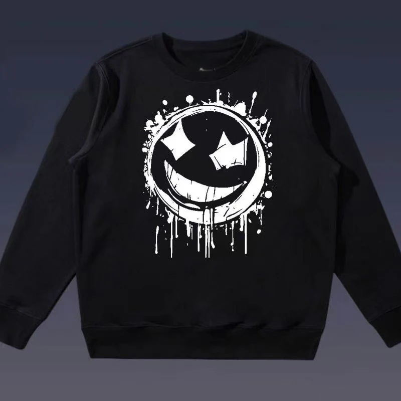 

A loose men's and women's sport top with a retro smiley face printed round-neck sweatshirt for autumn and winter 2025