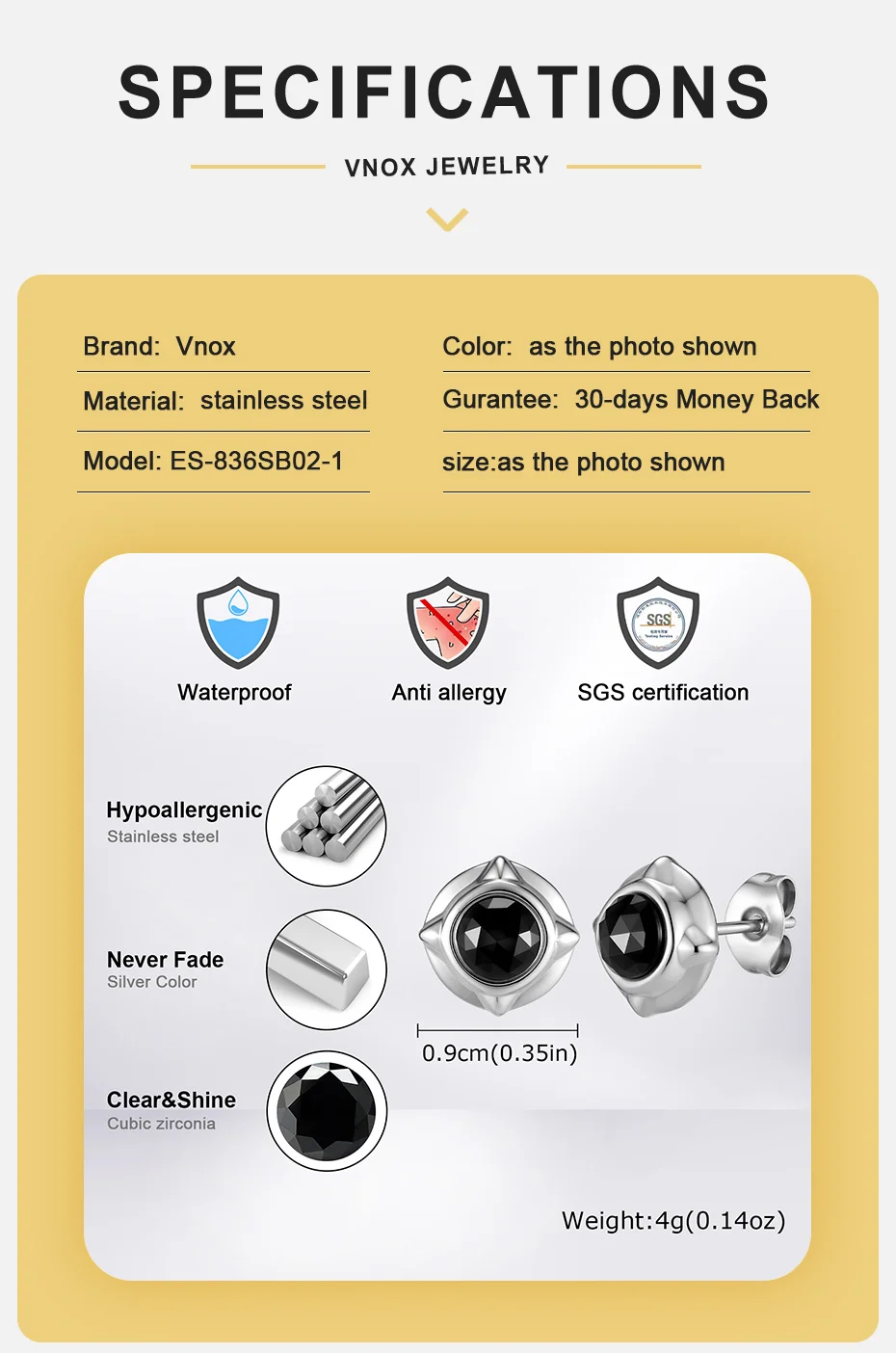 Vnox Ohrstecker für Männer, Edelstahl Vierpunkt-Stern Schwarz Rund CZ Punk Täglicher Piercing-Ohrring Schmuck Geschenk für Ihn – Detail 4