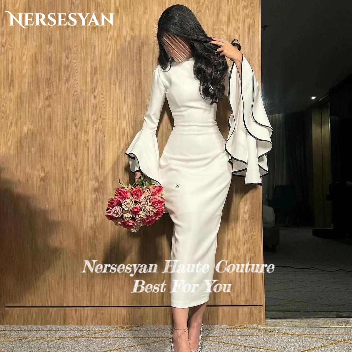 Nersesyan Elegant Solid Wedding Dresses O-Neck Tiered Ruffles Flare Sleeves Bridal Gowns Sheath Tea Length Elastic Bride Dress