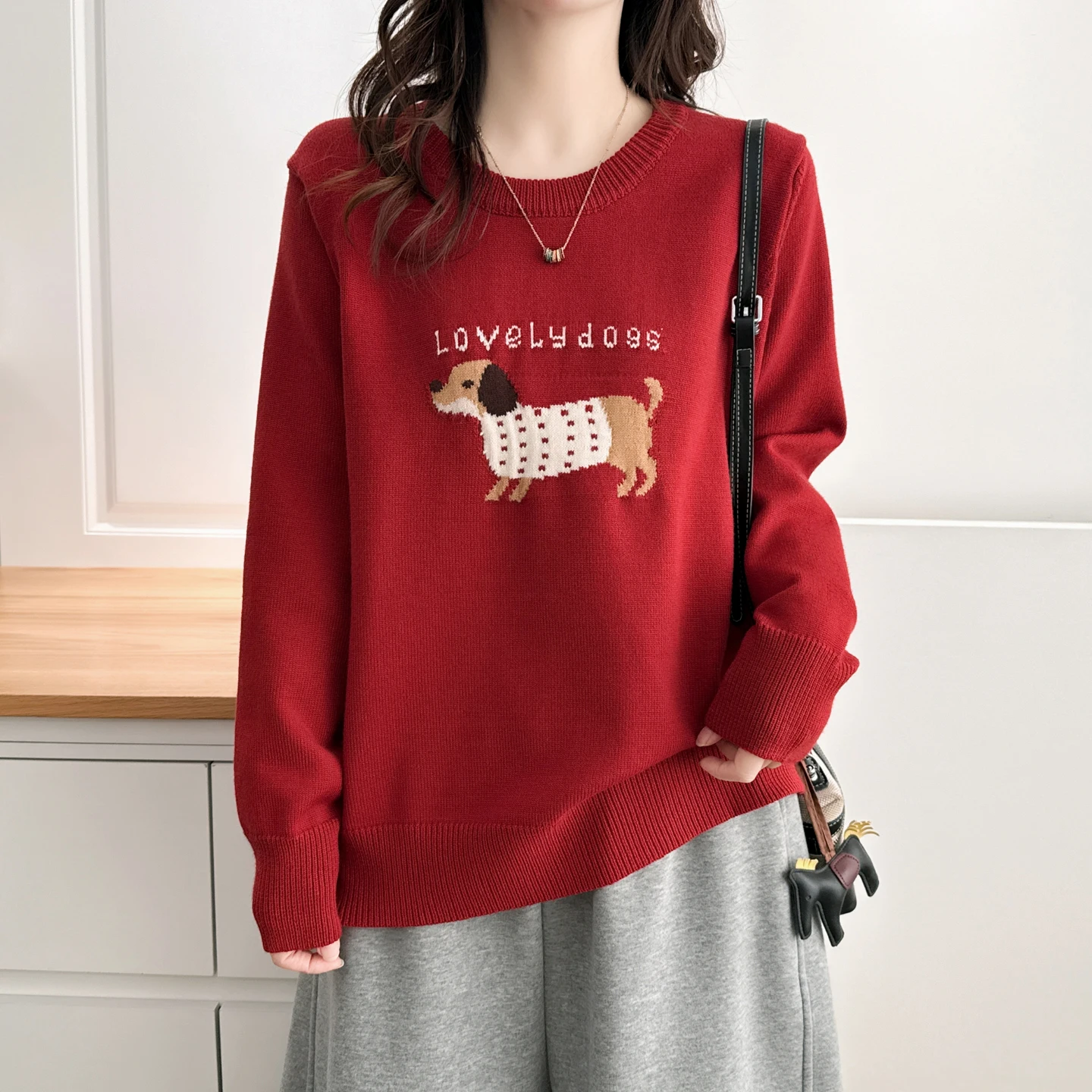 Korean Sweet College Girls Cute Dachshund Knit Sweater Women Graphic Crewneck Pullover Women Kawaii Winter Autumn Y2k Clothes