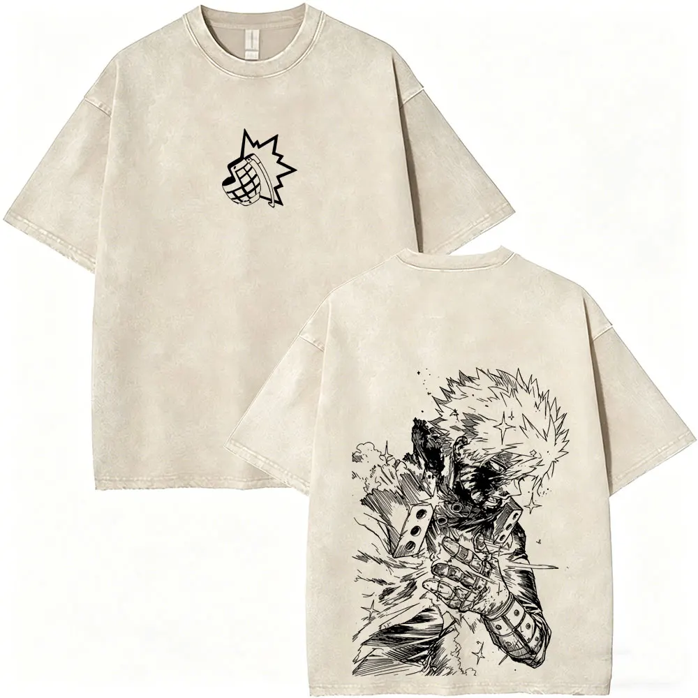 

Washed Vintage Anime My Hero Academia Bakugou Katsuki Merch T Shirts Men Women Manga Casual Retro T-shirts Cosplay Streetwear