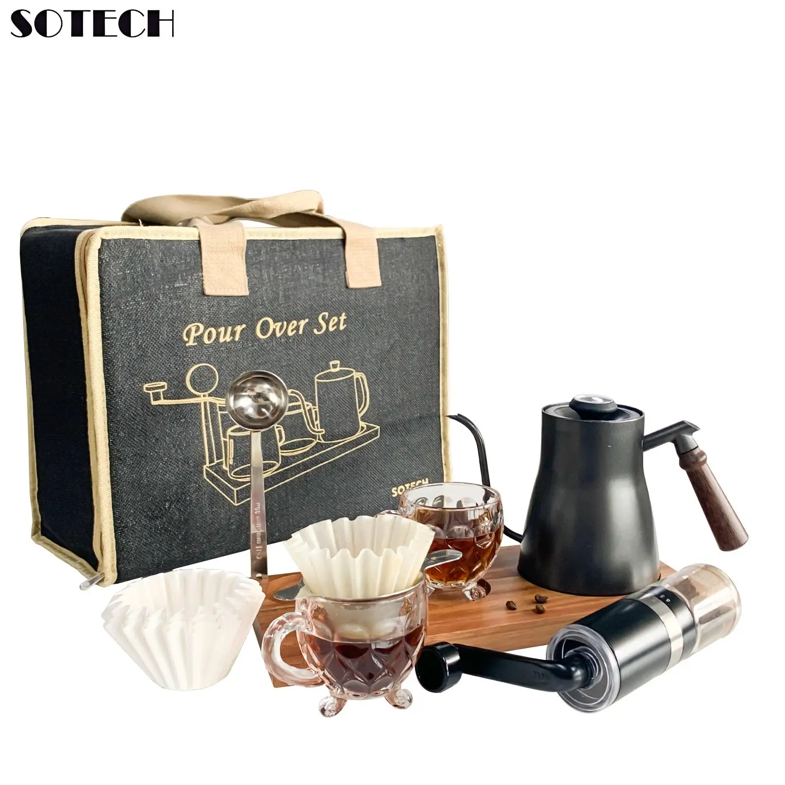 

Portable Pour Over Coffee Maker Set including Kettle Glass Cup Grinder Dripper Filters Wooden Pad for Camping Picnic Travel Gift