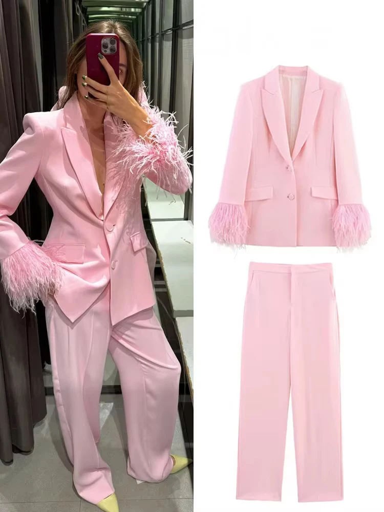 

HH Women Fashion Pant Set Pink Turn-Down Collar Long Sleeve Single-Breasted Feather Blazer+High Waist Pocket Zipper Trousers