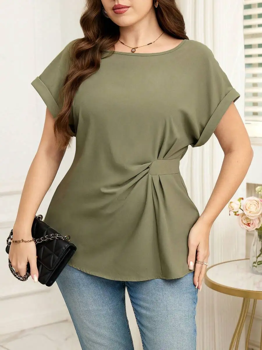 

Olive Green Solid Ruched Waist Short Sleeve Blouse Loose Fit Casual Top