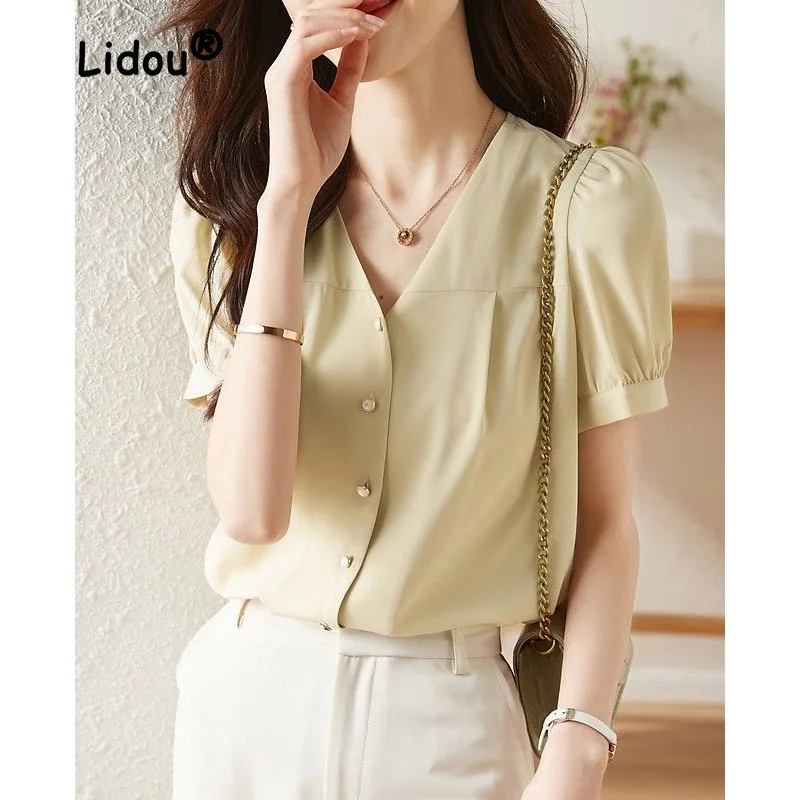 New Fashion Versatile Elegant V-Neck Single-breasted Blouse Women\'s Dropping Classic Short Sleeve Office Chiffon Lady Shirt