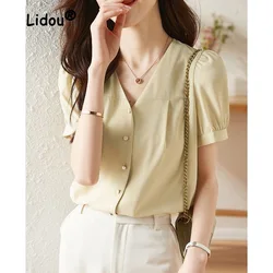 New Fashion Versatile Elegant V-Neck Single-breasted Blouse Women's Dropping Classic Short Sleeve Office Chiffon Lady Shirt