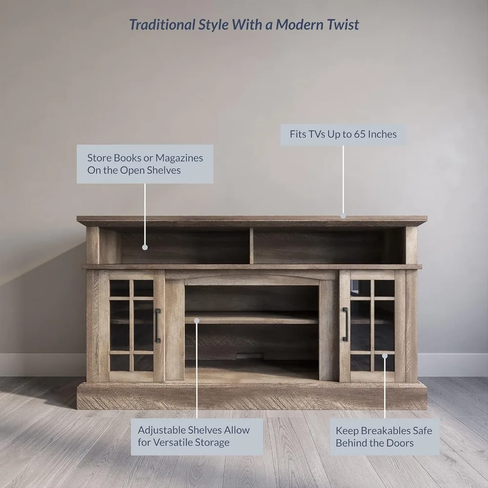 Stolik RTV Belleze w stylu rustykalnym z drewna, tradycyjny, 58 cali, konsola na telewizor i sprzęt multimedialny do telewizorów do 65 cali z otwartymi przegródkami.