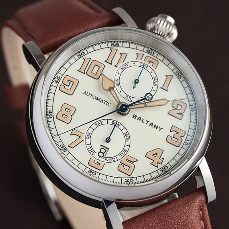 Baltany 2025 Neue Herren-Automatik-Mechanische Uhr Miyota 9122 Polit 1935 Avigating Homage 41 mm Kalender Vintage Herrenuhr