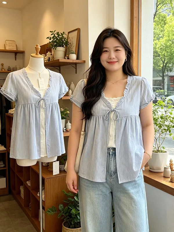 

plus Size Women's Summer 2026 V-Neck Stripe Short Sleeve Shirt Fake Two-Piece Korean Style Commute Wind Regular Thickness