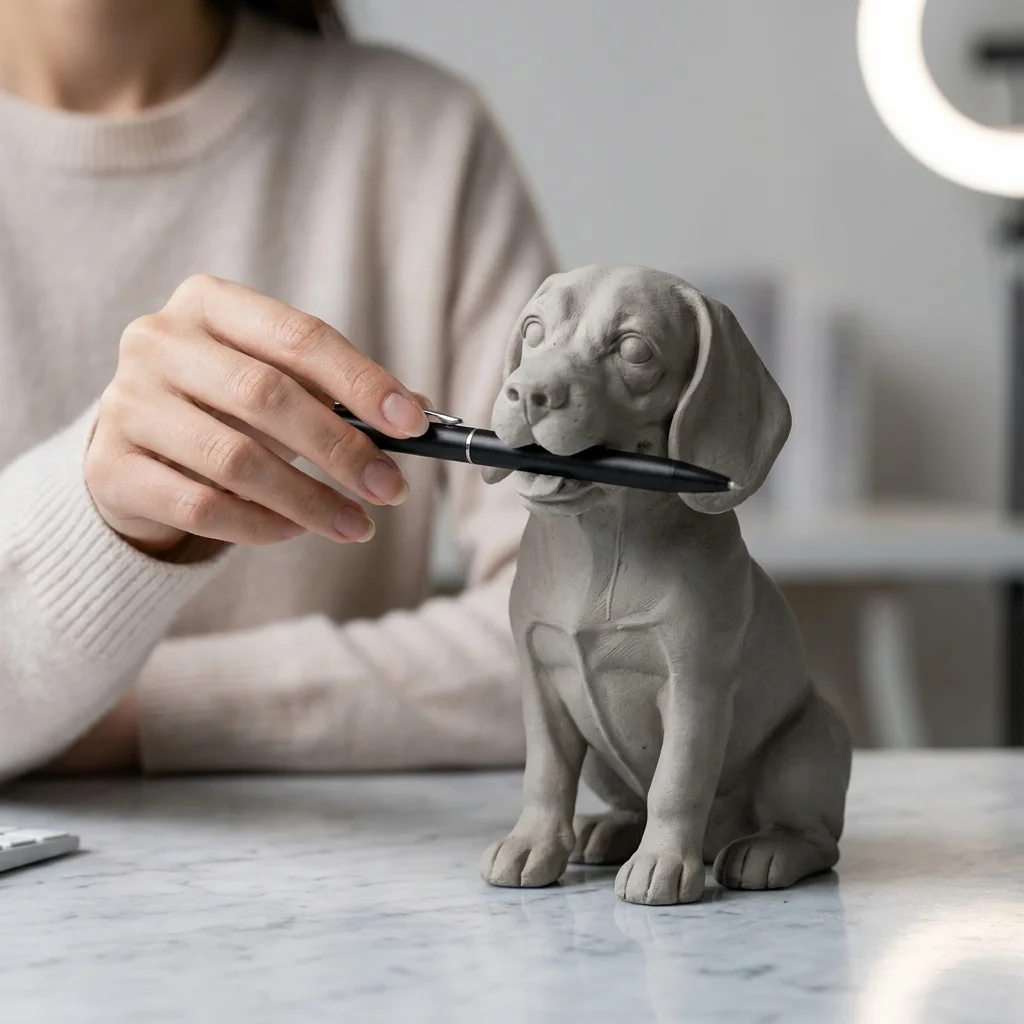 Grey Sitting Puppy Sculpture Pen Holder Mini Dog Figurine Desk Storage Decor with Minor Craft Imperfect Novelty Office Gift