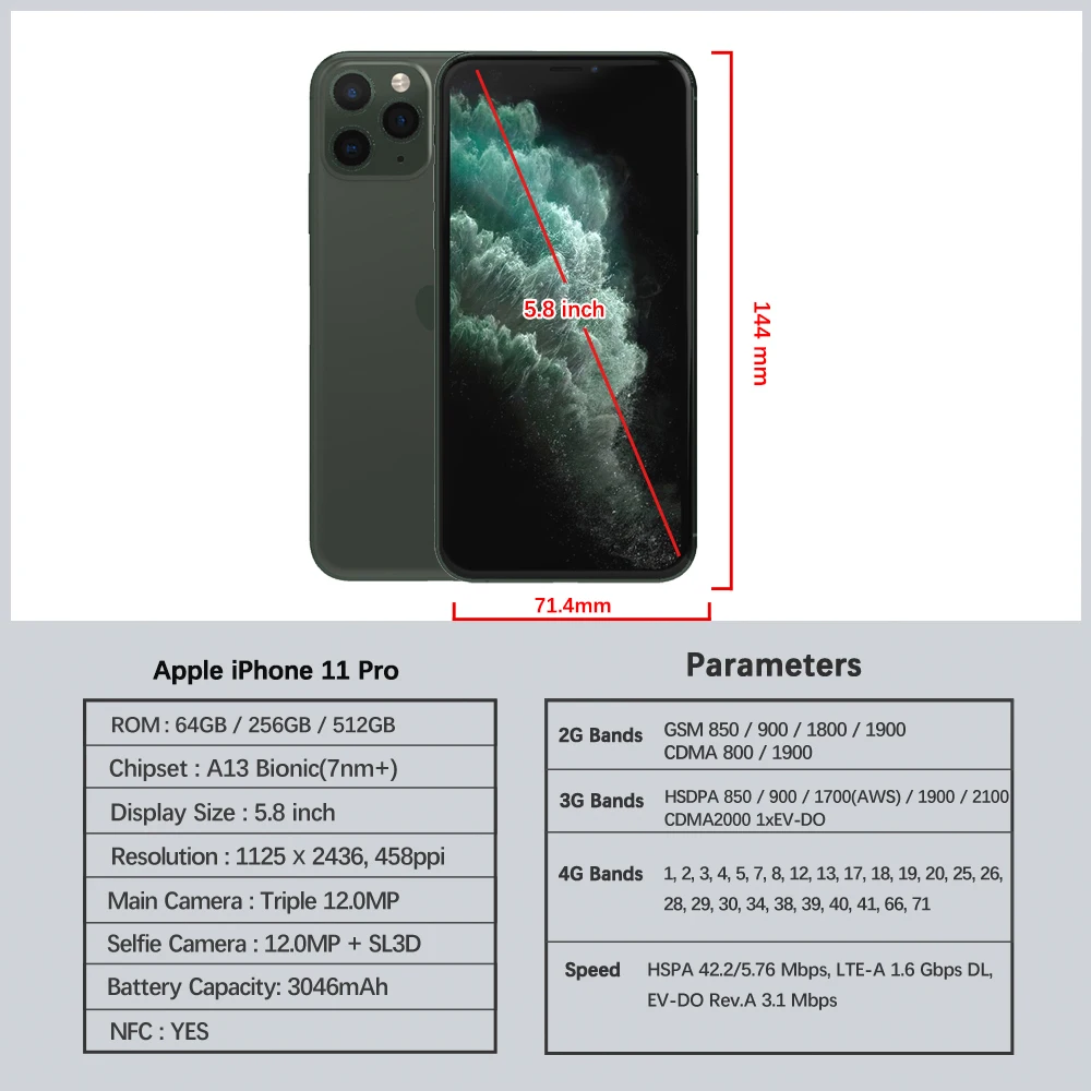 Apple-iPhone 11 Proスマートフォン,64GB, 256GB ROM,スーパー網膜,oled,a13,iOS,顔認識,オリジナル,5.8インチ