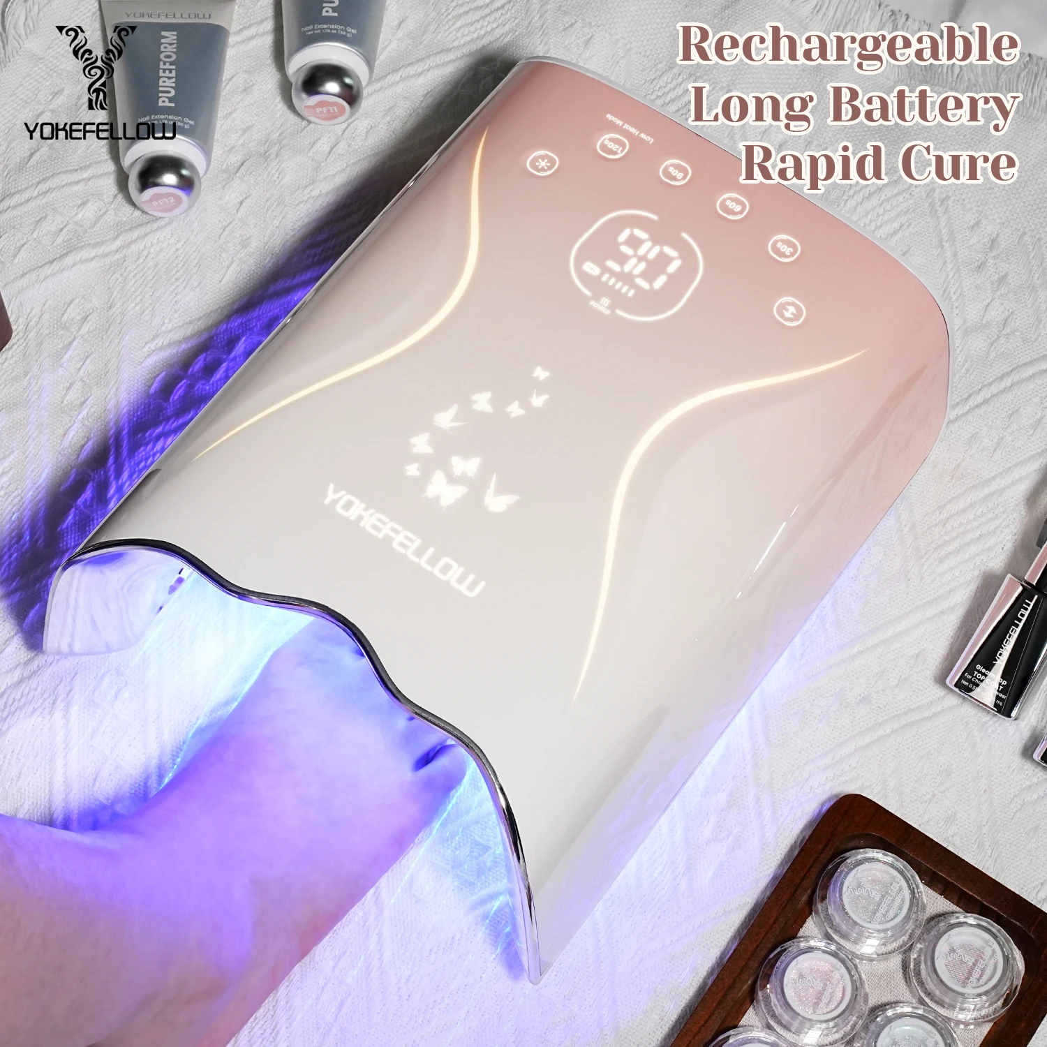 New YOKEFELLOW Nail Lamp Professional 115W UV LED Nail Dryer Rechargeable 45LED Beads Nail Dryer With 4 Timer Setting and Auto Sensor for Long Battery Quick Curing for Salon Use and Home DIY Manicure EA901