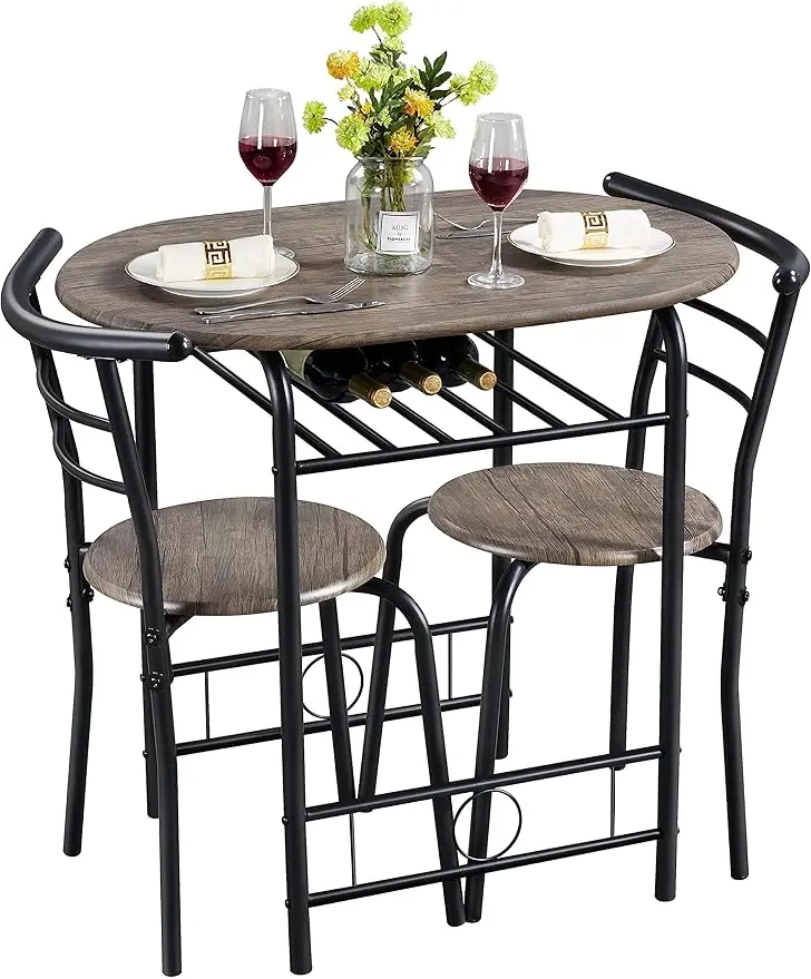 

3 Pcs Dining Table Set, Kitchen Table & Chair Sets for 2, Compact Bistro Desk Set w/Steel Legs, Built-in Wine Rack for Apartment