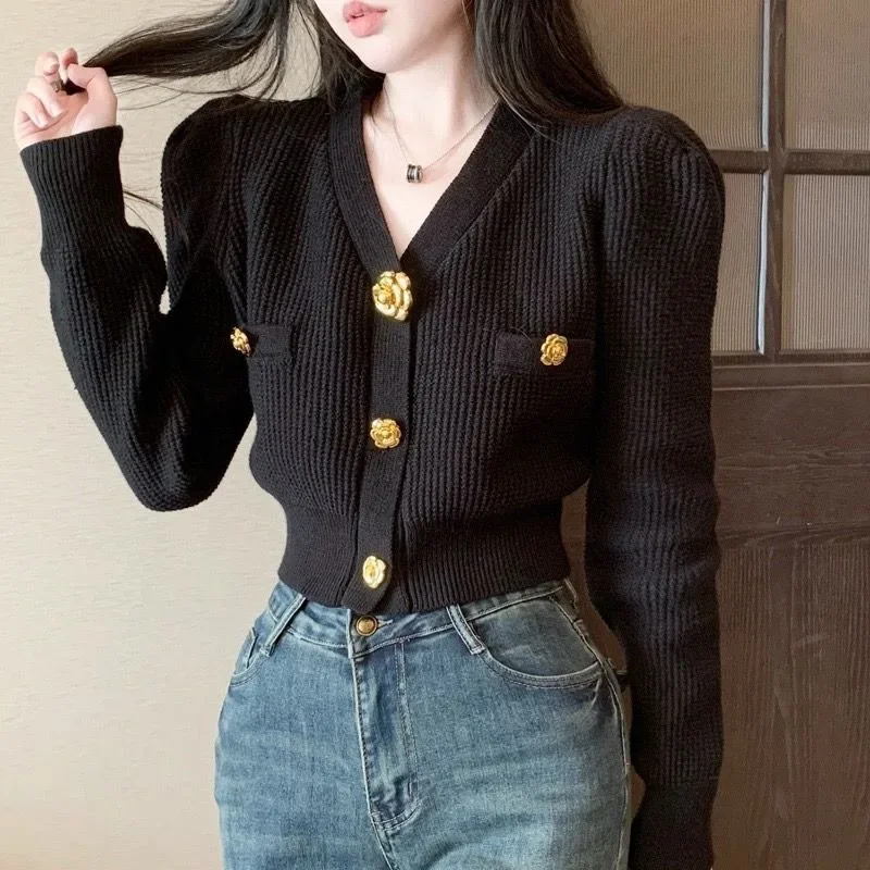 Neploe Elegant 3d Metal Buttons Red Sweaters Mujer 2024 Autumn Slim Waidt  Cardigans Y2k Long Sleeve Knitted Tops Women