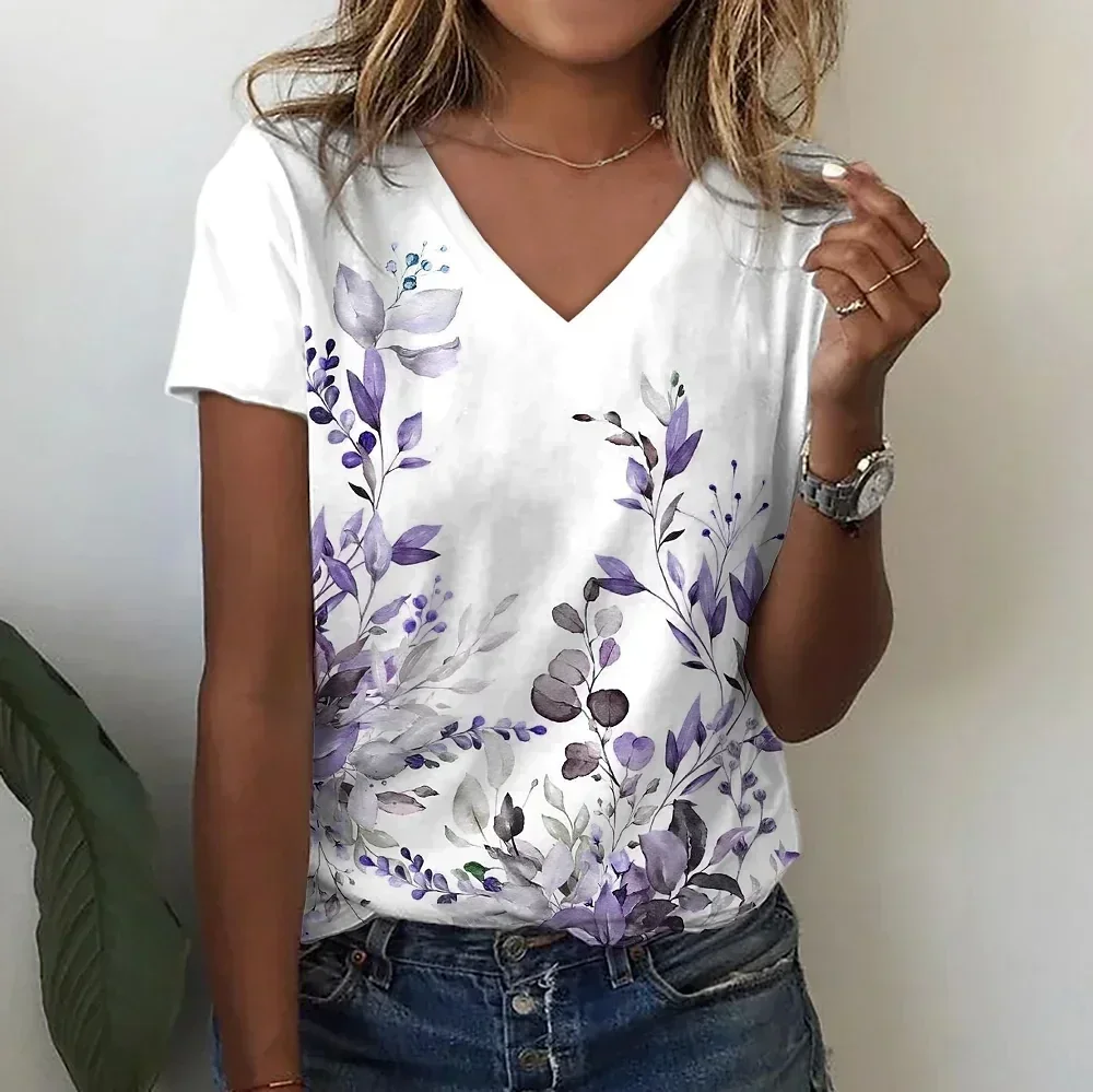 

2025 New V-neck 3D Flower Printed T-shirt Women's Summer Fashion Casual Short sleeved Top Loose Plus Size Street Clothing
